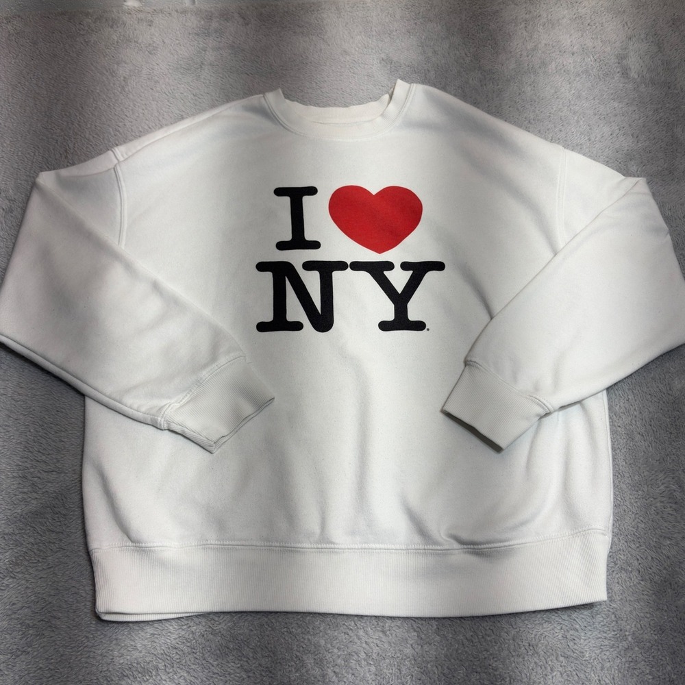 I Love NY Sweatshirt Womens Size M White Graphic Pullover Crew Neck Souvenir